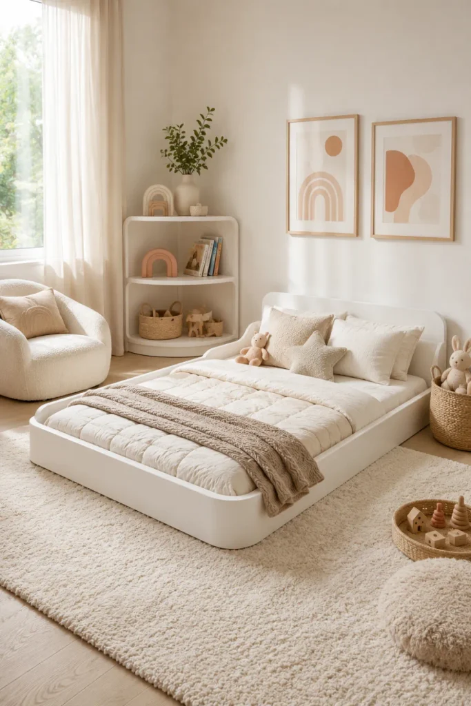 Best Modern Toddler Floor Bed Designs Ideas with a minimalist white toddler floor bed, cream bedding, beige accents, and a bright contemporary kids' room.