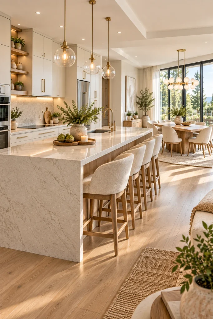 Bright, airy, open-concept kitchen and dining space with soft white cabinetry, pale oak flooring, large windows, reflective finishes, neutral furniture, and uncluttered styling.