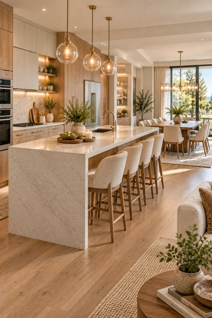 Contemporary open-concept kitchen and dining space with coordinated oak cabinetry, practical storage, central island, modern dining table, clear circulation, layered lighting, and elegant neutral decor.