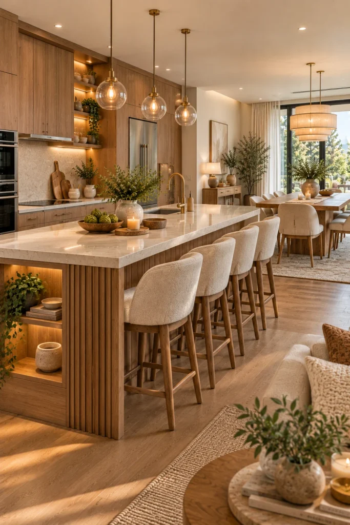Cozy contemporary open-concept kitchen and dining room with creamy neutrals, warm timber cabinetry, textured fabrics, sculptural pendant lighting, comfortable dining chairs, and elegant modern decor.