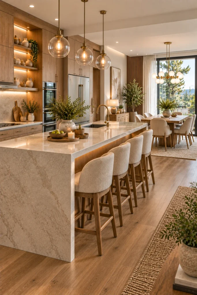 Elegant open-concept kitchen and dining space with natural wood cabinetry, sophisticated neutral finishes, statement lighting, refined furniture placement, modern storage, and subtle zoning.