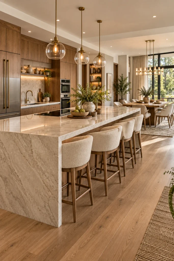 Luxury open-concept entertainer kitchen featuring a large central island with seating, modern appliances, a nearby dining table, contemporary lighting, warm finishes, and an easy social layout.