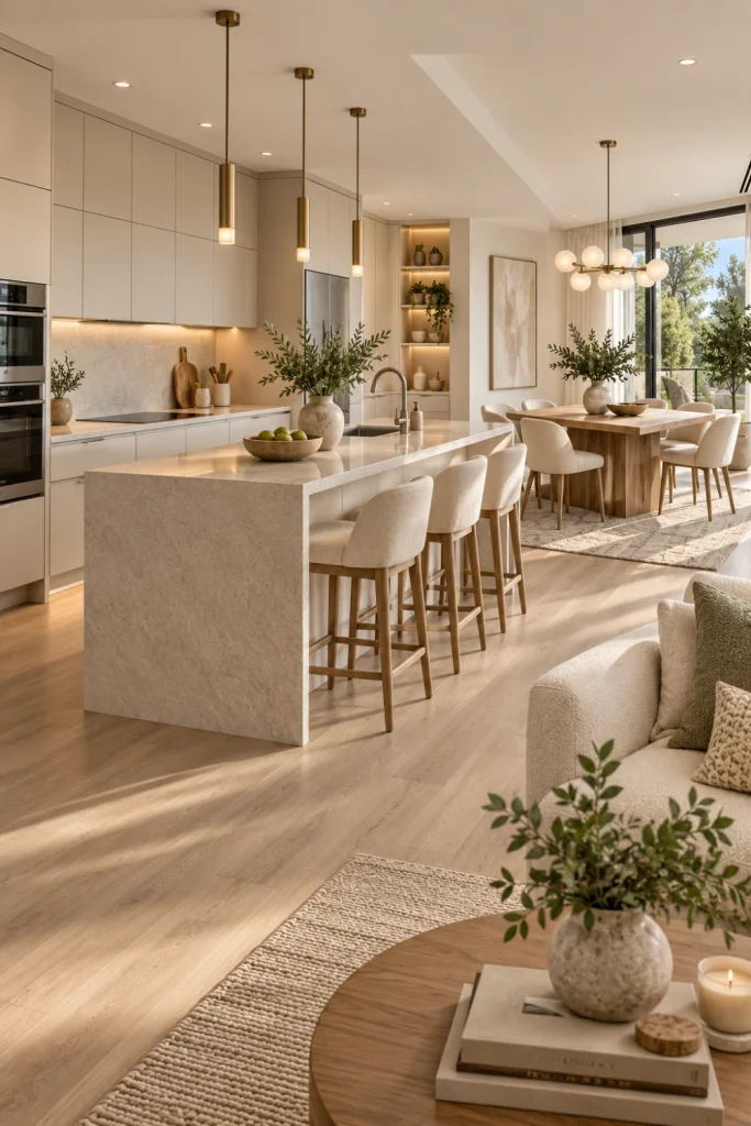 Modern minimalist open-concept kitchen and dining room with streamlined cabinetry, neutral palette, simple pendant lighting, clean-lined dining furniture, pale wood, and uncluttered styling.