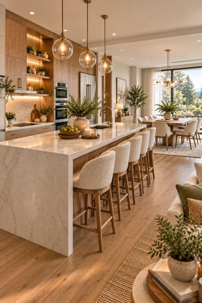 Seamless, stylish open-concept kitchen and dining room with continuous flooring, complementary cabinetry, warm lighting, subtle zoning, contemporary furniture, and refined luxury finishes.