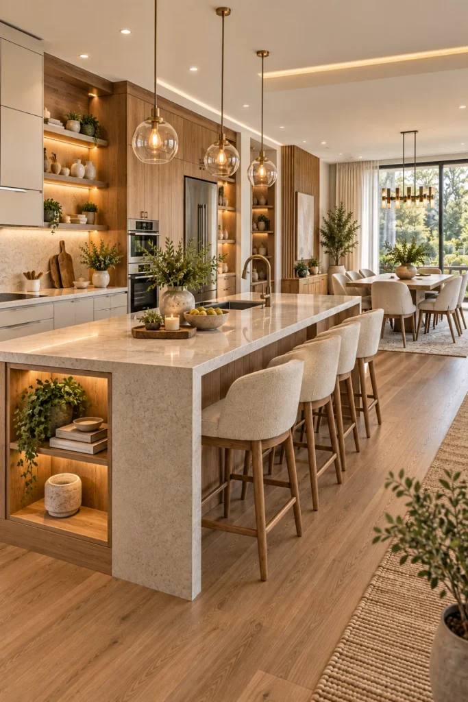 Open-concept kitchen and dining room with smart zoning, full-height storage cabinetry, layered lighting, textured rug, modern furniture placement, and a visually connected layout.