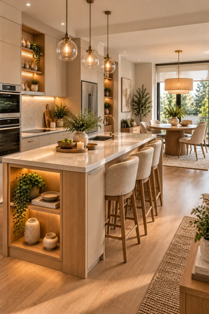 Space-saving open-concept kitchen and dining design with multifunctional island, streamlined storage, compact dining furniture, integrated appliances, clear traffic flow, and modern neutral finishes.