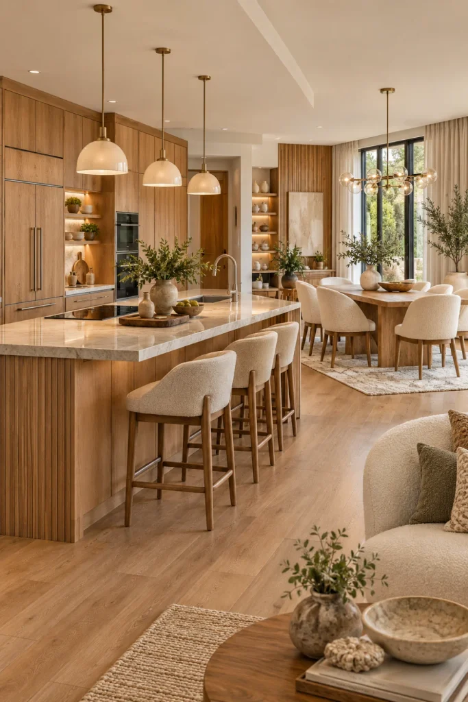 Warm wood and cream open-concept kitchen with natural oak cabinetry, large island, cream seating, matching dining table, layered textures, pendant lights, and elegant modern decor.
