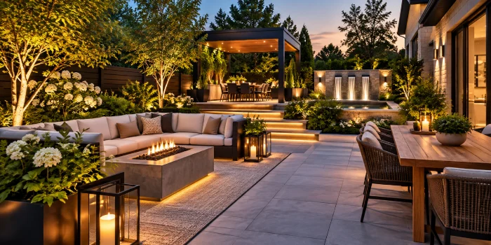 Modern outdoor lighting design with elegant architectural fixtures, warm ambient illumination, lush landscaping, and a stylish contemporary patio for an inviting evening makeover.