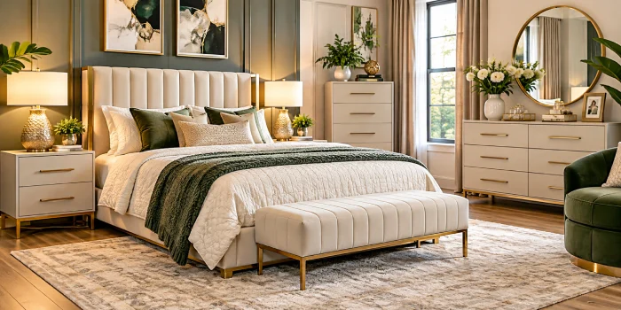 Modern queen bedroom set with an upholstered bed, matching nightstands, dresser, bench, layered bedding, and elegant neutral decor.
