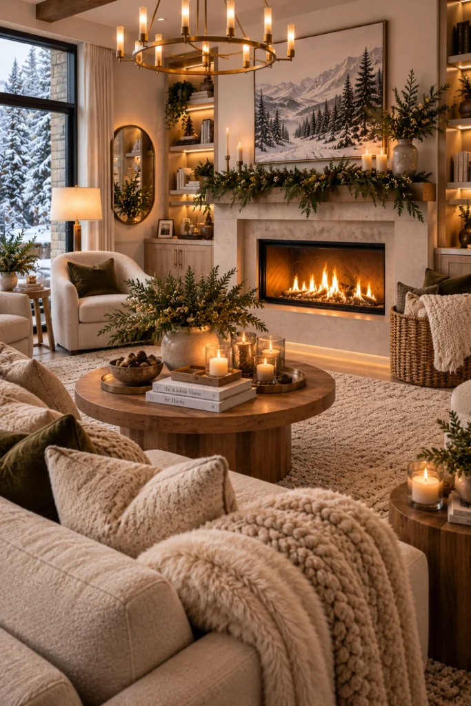 Best Winter Living Room Decorating Design Ideas featuring a cozy modern fireplace, seasonal greenery, candles, woven baskets, warm wood accents, elegant seating, and 2026 winter decor.