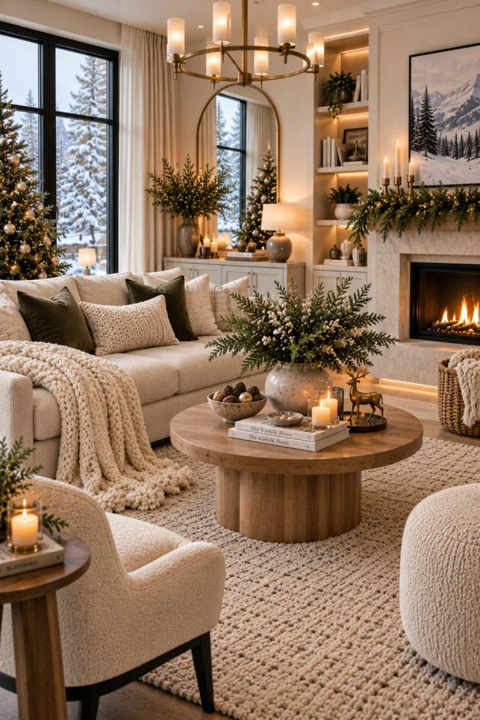 Best Winter Living Room Decorating Design Ideas featuring elegant, uncluttered winter decor, restrained greenery, warm neutrals, candles, natural textures, modern furniture, and chic 2026 styling.