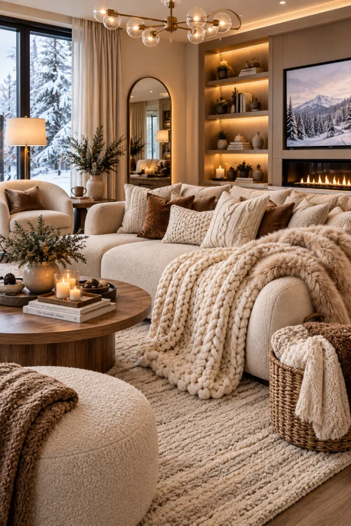 Best Winter Living Room Decorating Design Ideas with luxurious faux fur throws, oversized chunky knit blankets, a modern sofa, accent chairs, warm lighting, and trendy 2026 winter decor.