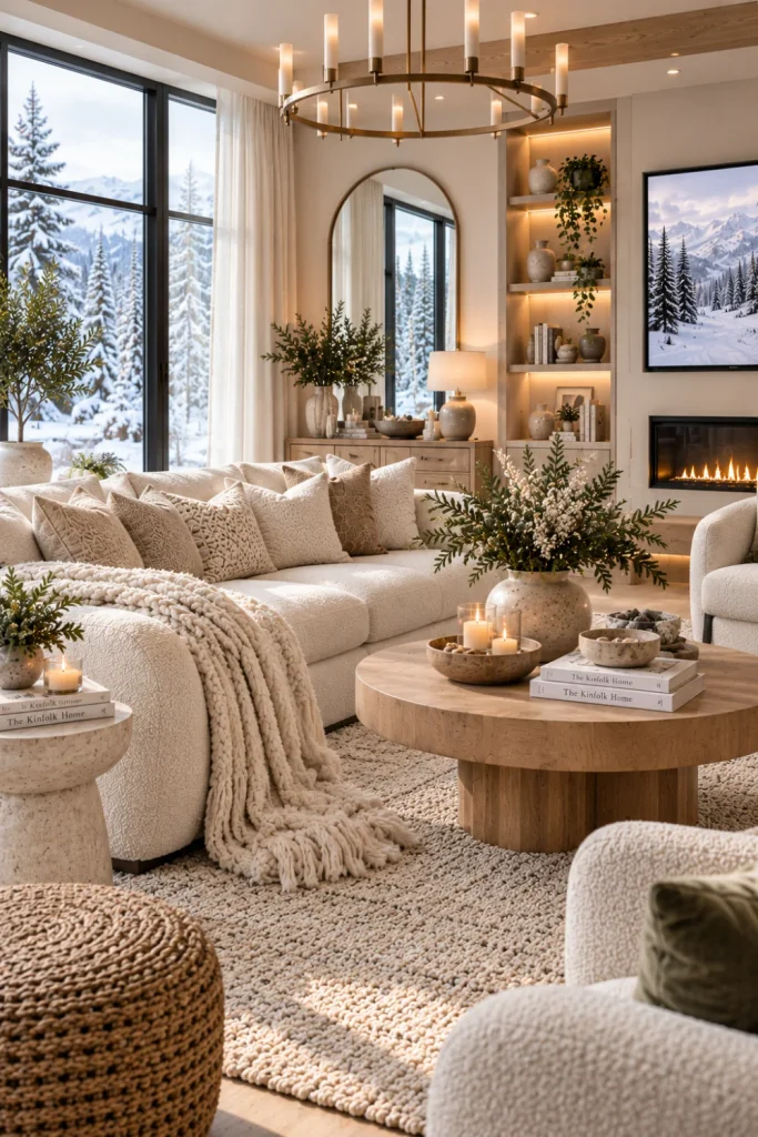 Best Winter Living Room Decorating Design Ideas with snowy white and ivory furnishings, boucle, wool, linen, natural wood, stone, greenery, and serene modern 2026 winter decor.