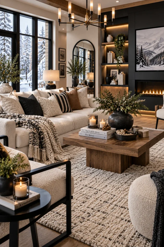 Best Winter Living Room Decorating Design Ideas featuring crisp white seating, deep black accents, warm wood furniture, modern lighting, textured winter decor, and contemporary 2026 interior styling.