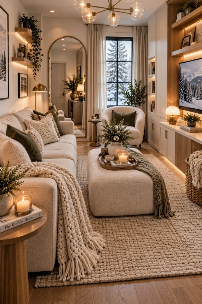 Best Winter Living Room Decorating Design Ideas for small spaces featuring multifunctional furniture, layered textiles, mirrors, soft lighting, compact storage, and modern 2026 winter decor.