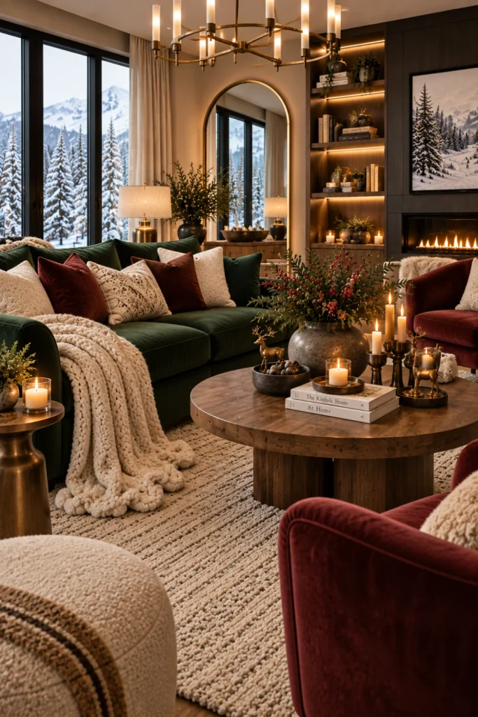 Best Winter Living Room Decorating Design Ideas with luxurious velvet seating, burgundy and forest green accents, chocolate brown and deep rust decor, modern furniture, and elegant 2026 winter styling.