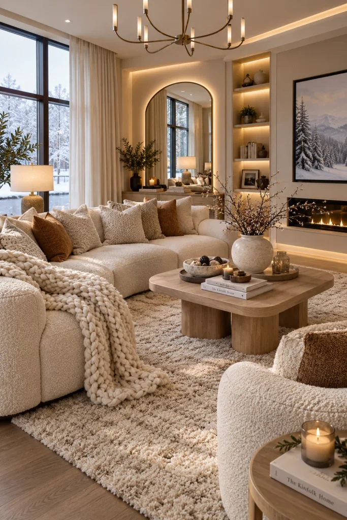 Best Winter Living Room Decorating Design Ideas featuring warm layered cream, beige, taupe, and soft gray neutrals, chunky blankets, textured pillows, a plush rug, modern 2026 furniture, and cozy lighting.