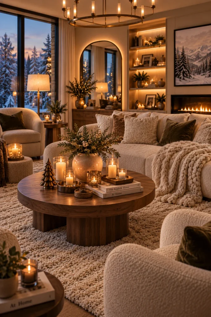 Best Winter Living Room Decorating Design Ideas with candlelight, warm ambient lamps, floor lighting, string lights, a modern chandelier, cozy seating, and elegant 2026 winter decor.