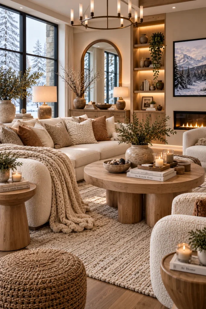 Best Winter Living Room Decorating Design Ideas using warm natural wood accents, cream and beige furnishings, a modern coffee table, shelving, trays, greenery, and organic 2026 winter decor.