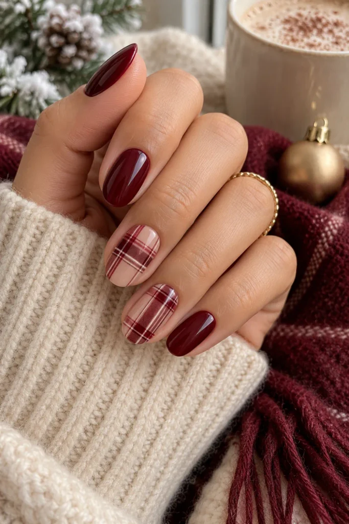 Burgundy plaid winter nails with elegant wine-red grid details over glossy burgundy and nude bases, styled for 2026.