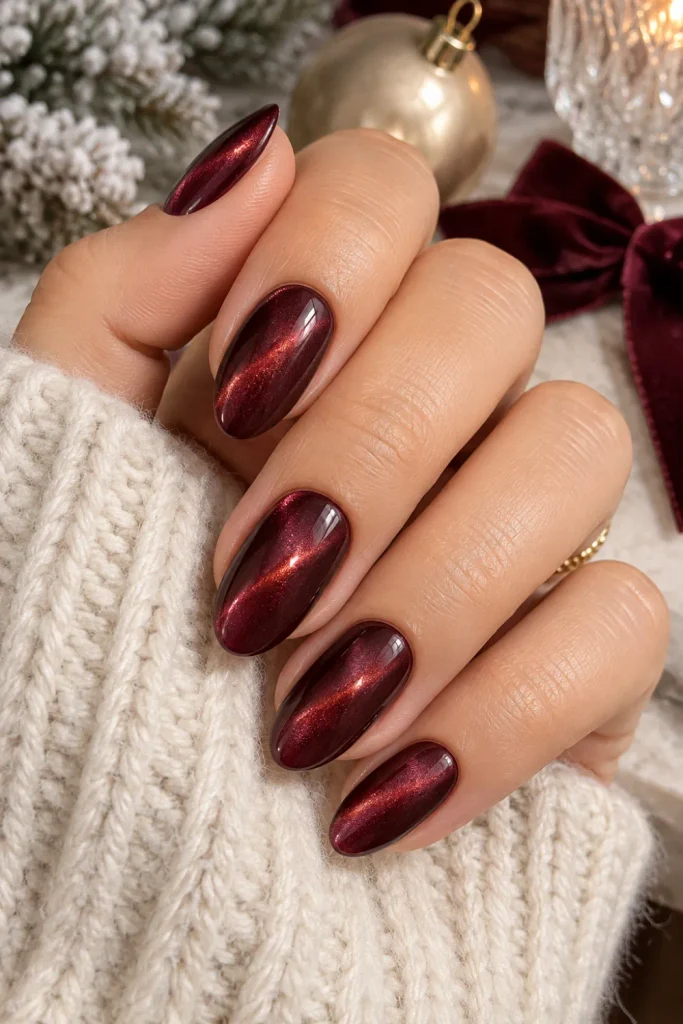Burgundy velvet chrome winter nails with a luminous magnetic effect, rich wine color, and luxurious glossy finish for 2026.