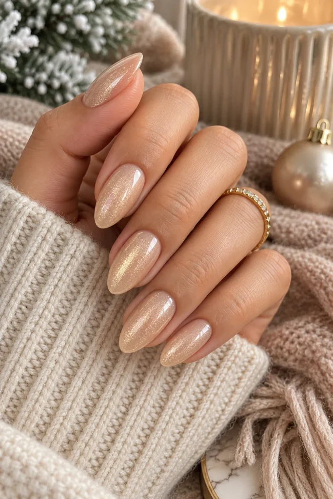 Champagne shimmer neutral winter nails in creamy beige nude with delicate golden sparkle and an elegant glossy finish for 2026.