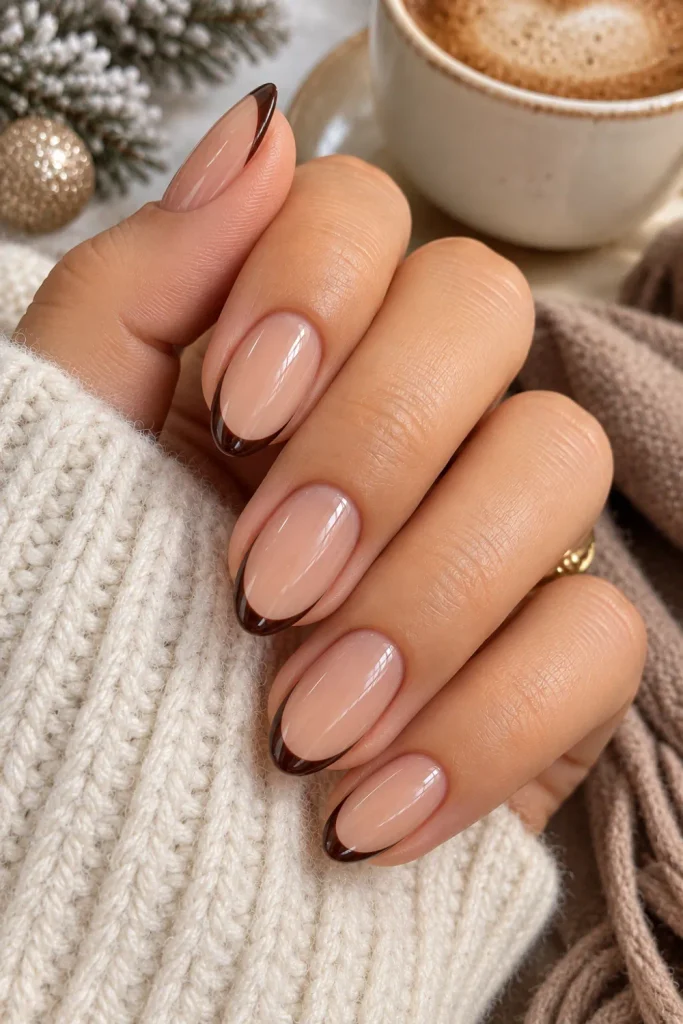 Chocolate brown micro French winter nails with glossy espresso tips and a natural nude base, styled for 2026.