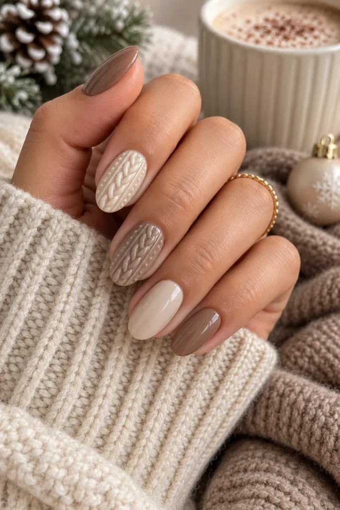 Cozy sweater texture winter nails in cream, beige, and taupe with raised knit-inspired details and a chic modern finish.
