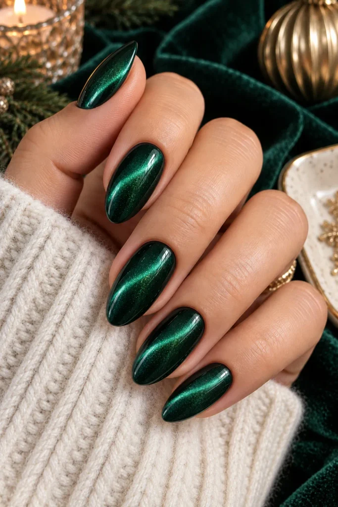 Emerald velvet cat-eye winter nails in deep forest green with a luminous magnetic beam and luxurious glossy finish for 2026.