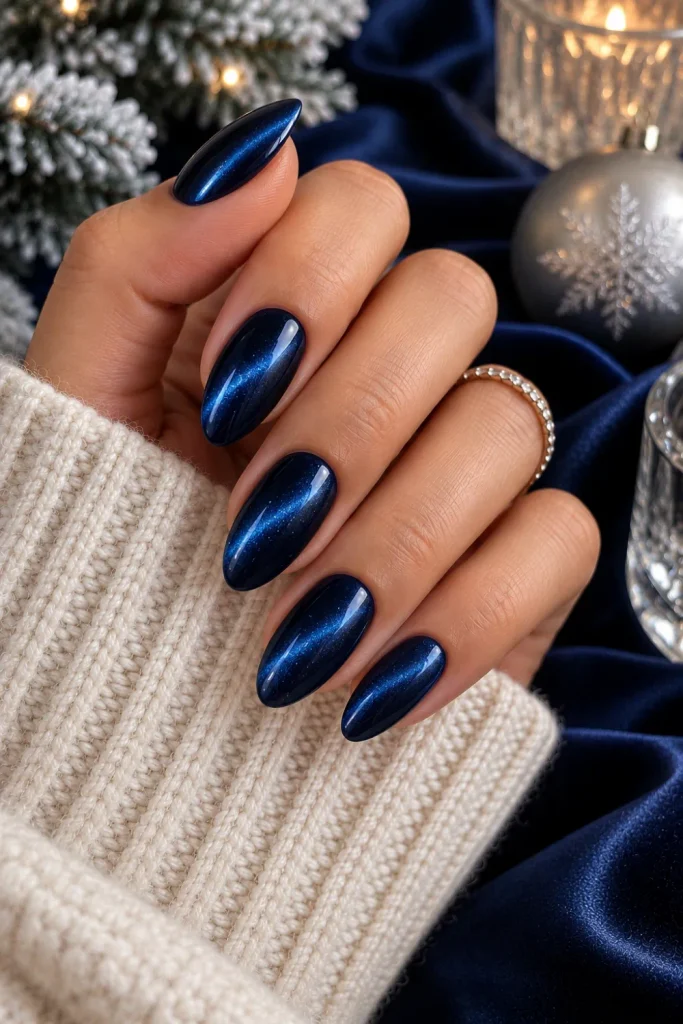 Midnight navy velvet winter nails with a luminous magnetic cat-eye effect and sophisticated deep blue finish for 2026.