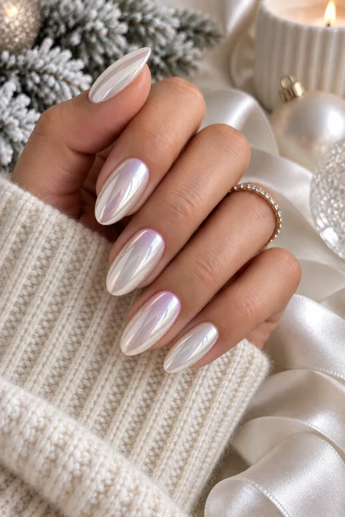 Milky white pearl chrome winter nails with a luminous pearlescent finish and clean sophisticated styling for 2026.