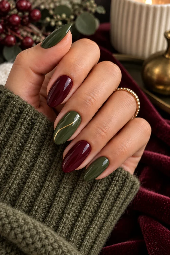 Olive green and burgundy winter nails combining earthy olive with rich wine red for a chic contemporary 2026 manicure.
