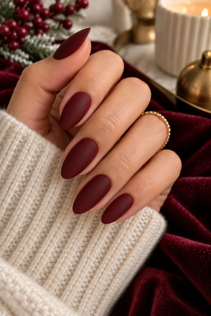 Oxblood matte winter nails in rich deep red-brown with a smooth velvety finish, styled as a sophisticated 2026 manicure.