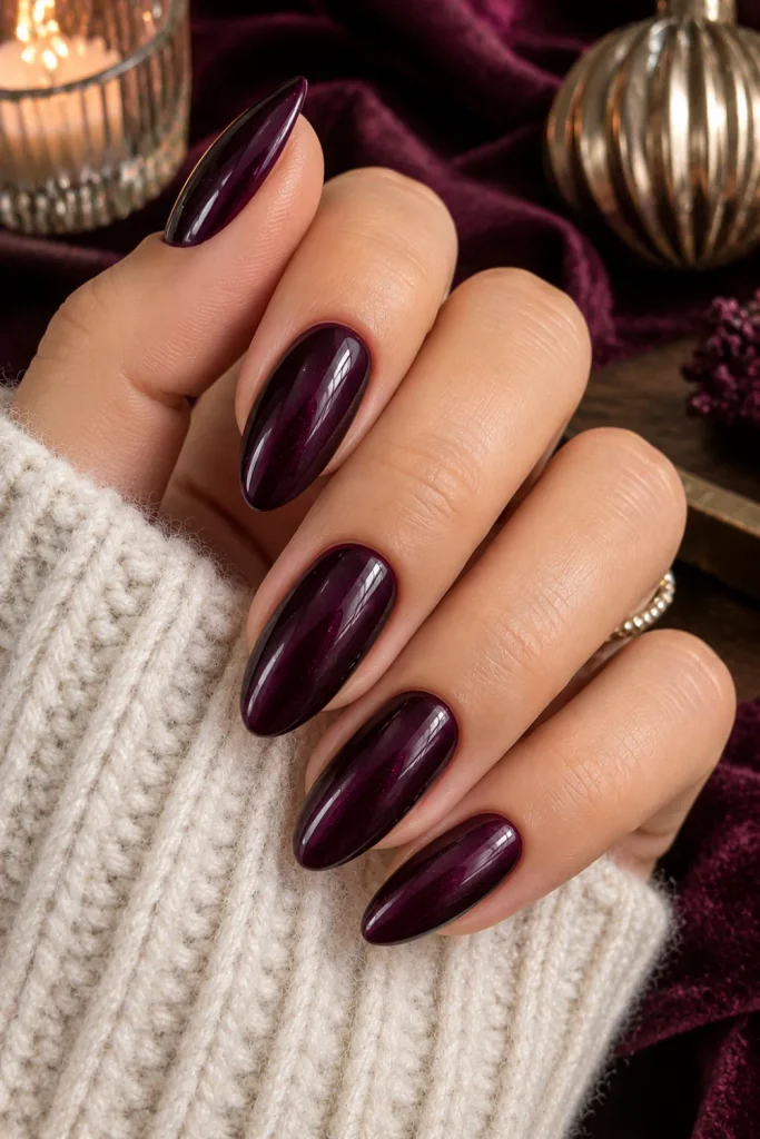 Deep plum noir glossy winter nails with a blackened purple finish, dramatic shine, and sophisticated 2026 styling.
