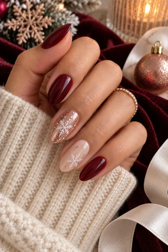 Rose-gold snowflake accent winter nails featuring glossy burgundy and nude polish, delicate shimmer, and elegant festive details.