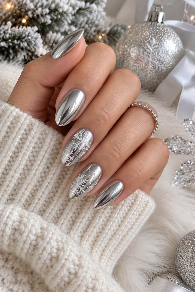 Silver chrome winter nails with crisp delicate snowflake accents and reflective metallic shine for a stylish 2026 manicure.