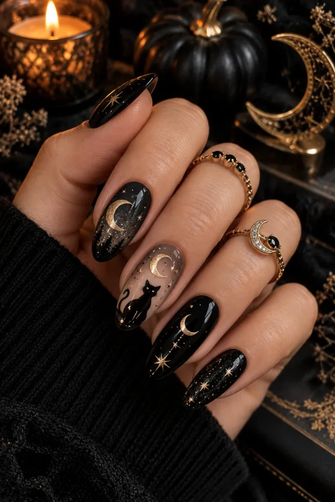 Mystic black cat and crescent moon Halloween nails with celestial accents and elegant dark 2026 nail art.