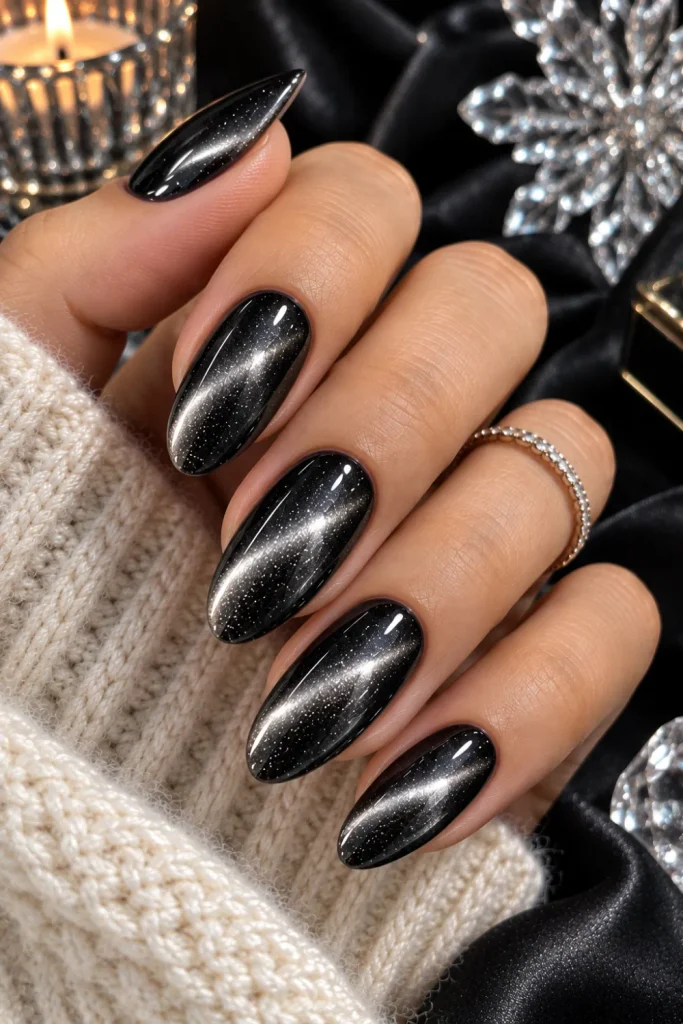 Black cat-eye winter nails with a dramatic silver magnetic glow, glossy almond shape, reflective finish, and sophisticated modern styling.