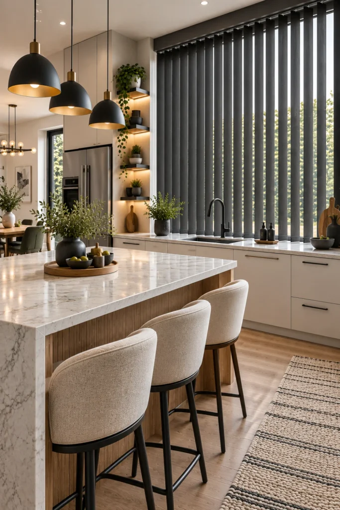 High-end light kitchen with charcoal vertical blinds creating dramatic contrast, white cabinetry, pale oak island, marble-look counters, matte black fixtures, modern lighting, and sophisticated contemporary décor.