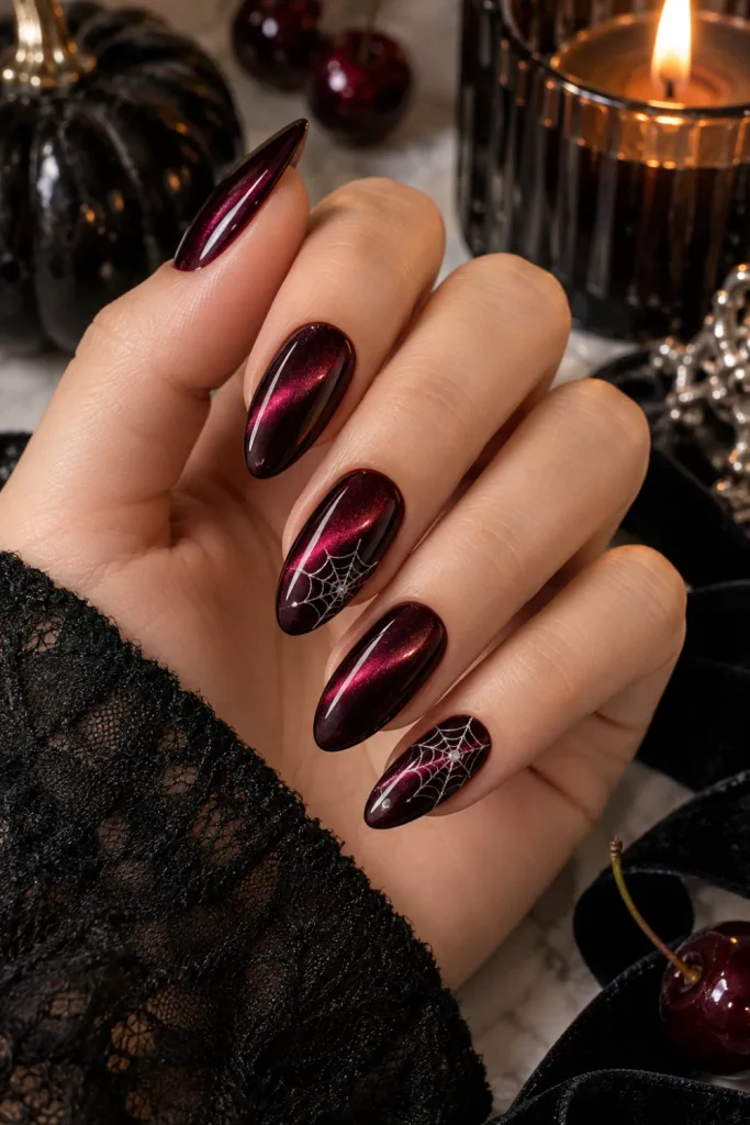Black cherry cat-eye Halloween nails with luminous magnetic shimmer and tiny silver spiderwebs in a chic modern 2026 manicure.