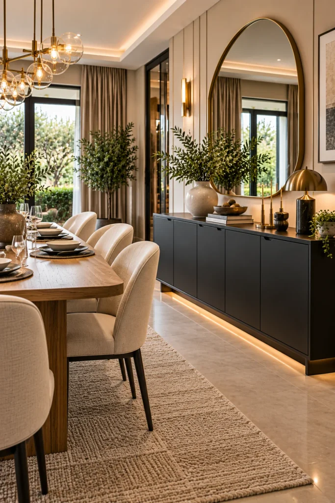 Black contemporary dining room sideboard with sophisticated contrast, warm lighting, modern furniture, elegant mirror, and luxury interior decor.