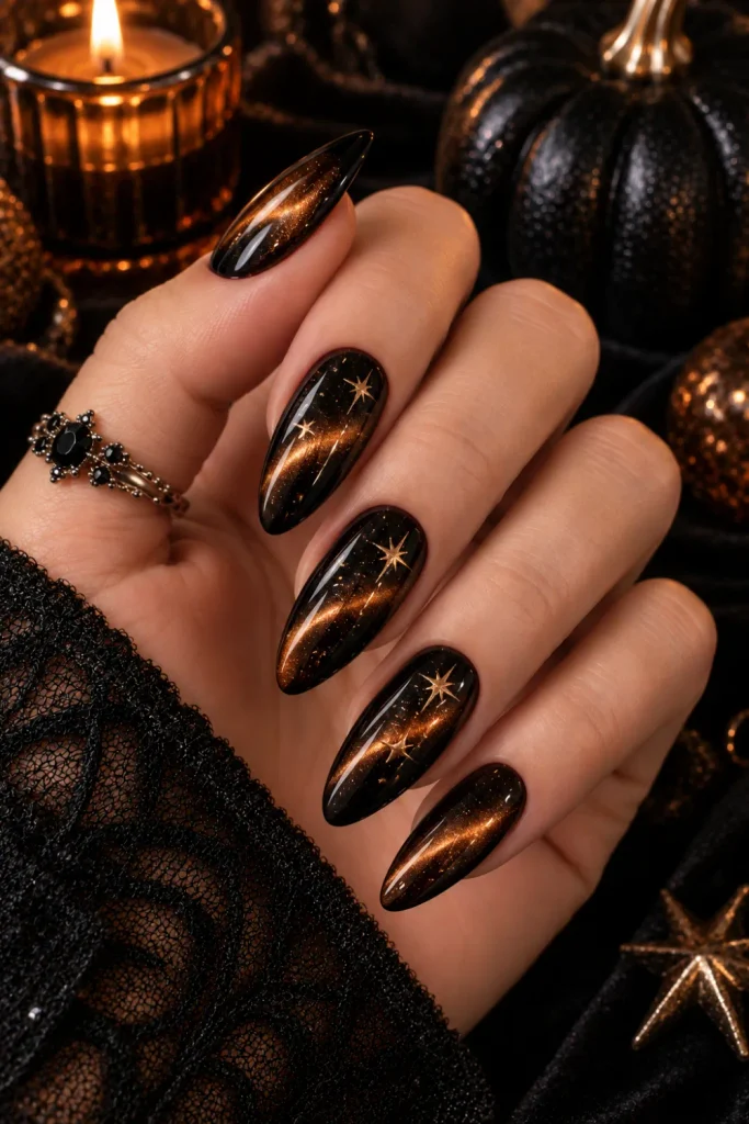 Black and copper cat-eye Halloween nails with luminous metallic shimmer and delicate gothic star accents, modern 2026 manicure.