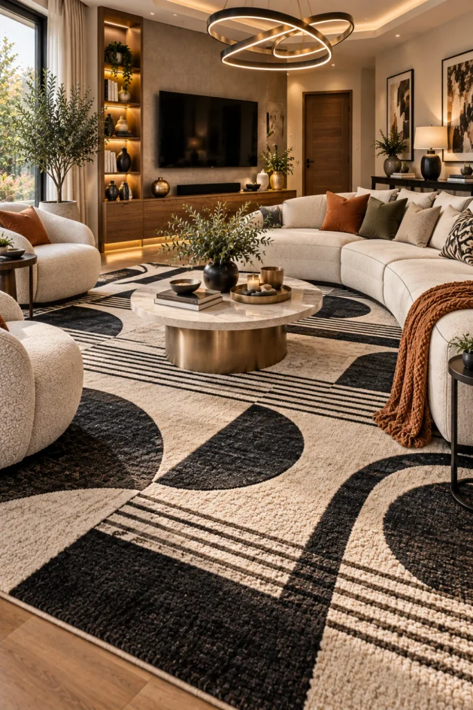 Black-and-cream contrast carpet styled beneath sophisticated contemporary seating with walnut cabinetry, warm lighting, modern décor, and elegant luxury finishes.