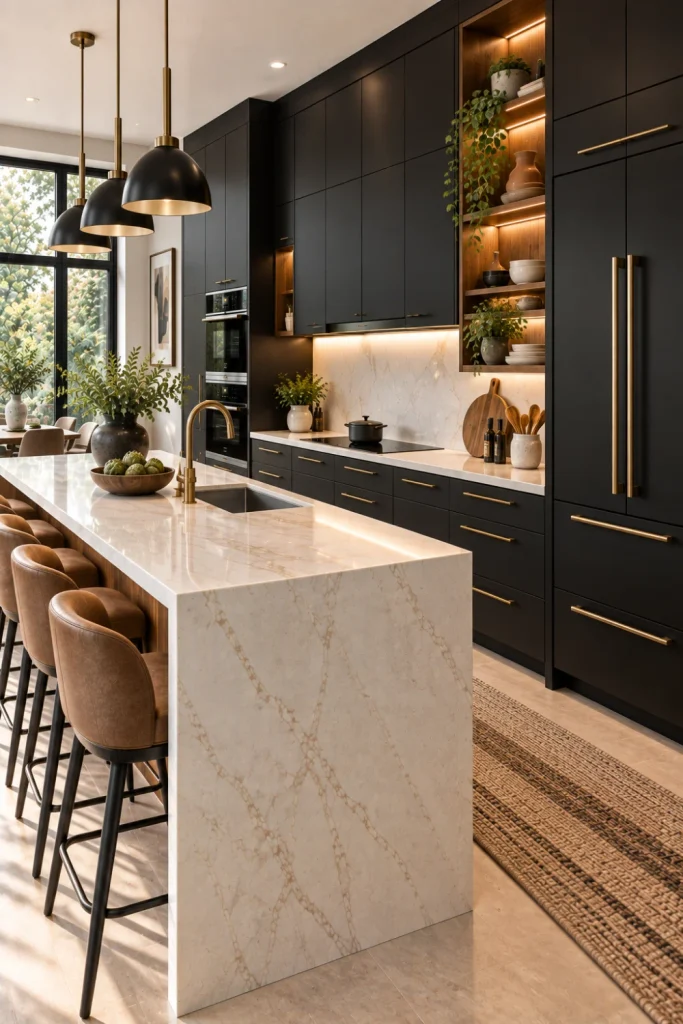 Black modern kitchen storage cabinets in a sophisticated luxury kitchen with warm wood accents, brass fixtures, and natural light.