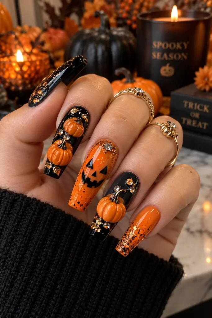Black and orange 3D pumpkin chunky Halloween nails with glossy sculpted pumpkins, rhinestones, glitter, and bold spooky details.