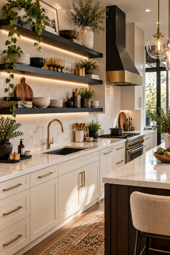 Matte black open shelves with brass accents, ivory ceramics, amber glassware, and warm wood details in a high-end contemporary kitchen with white cabinetry and stone surfaces.