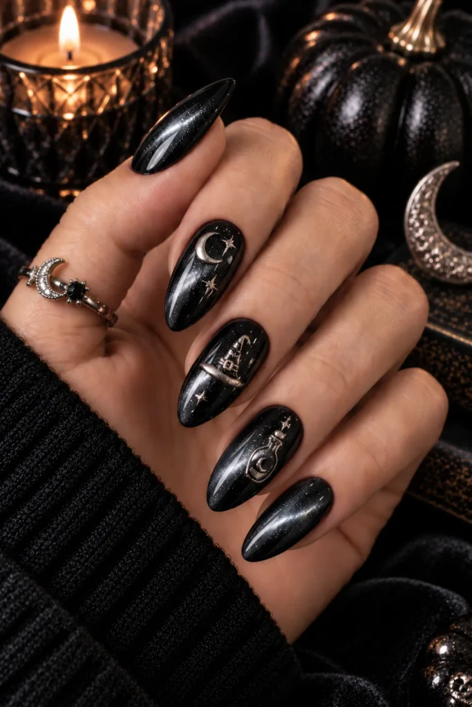 Black and silver cat-eye Halloween nails with luminous magnetic shimmer, chrome witchy accents, moons and stars in a chic 2026 manicure.