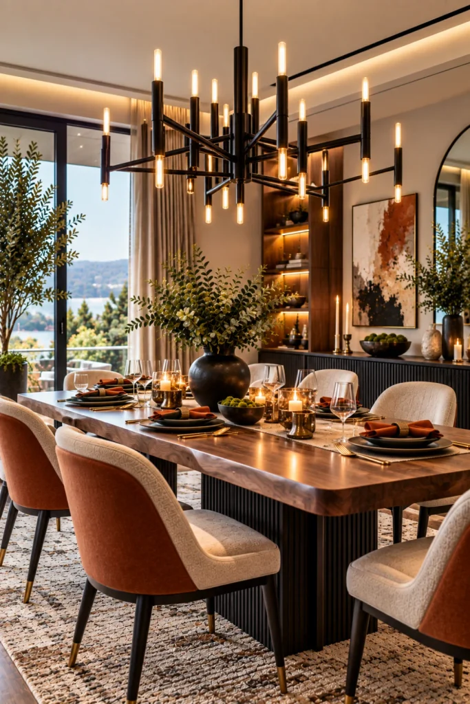 Bold black statement chandelier over a sophisticated modern dining room with warm wood, brass accents and stylish contemporary furnishings.