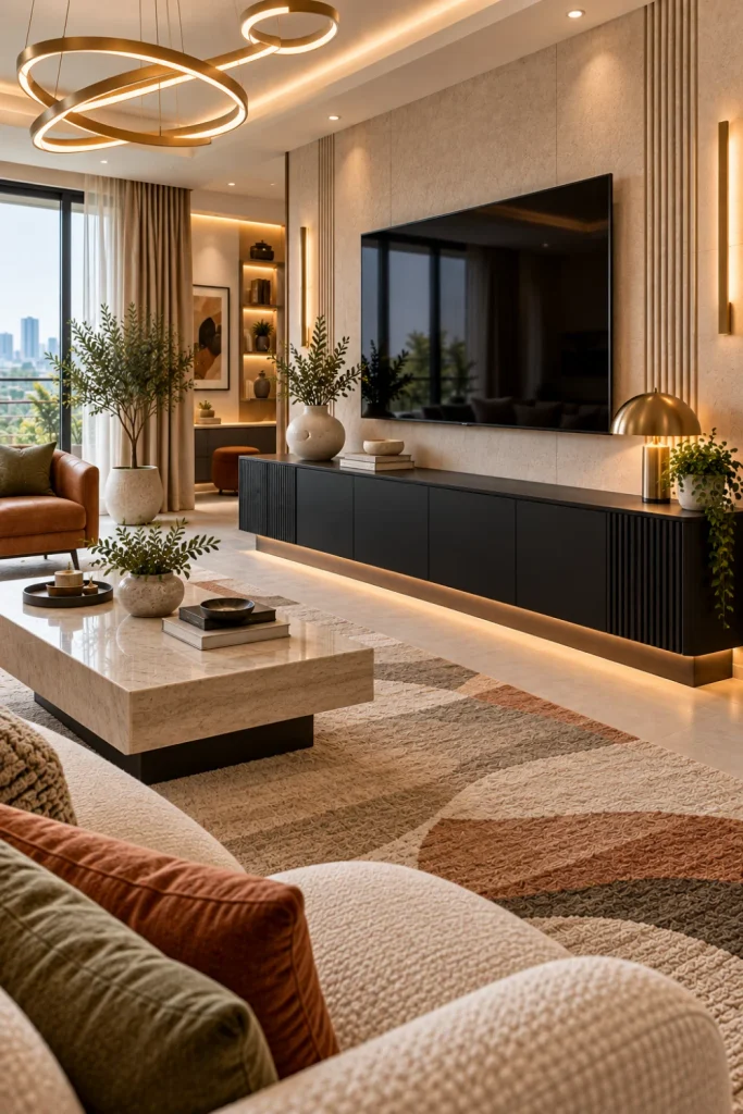 Black statement console cabinet in an elegant contemporary living room with cream seating, warm wood accents, modern lighting, and luxury décor.