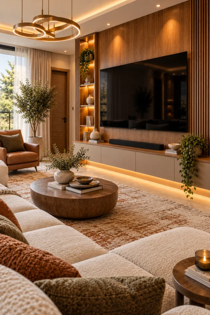Black TV screen paired with warm wood wall paneling, cozy modern seating, textured carpet, soft lighting, and elegant contemporary décor.